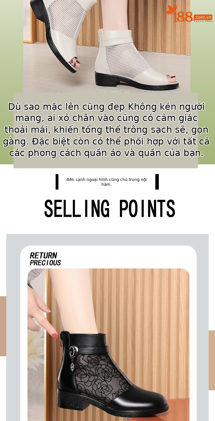Giày sandal cao gót nữ hở mũi da thật lưới thoáng khí, gót thô ổn định, đế mềm — Đen/mũi hở chi tiết 2