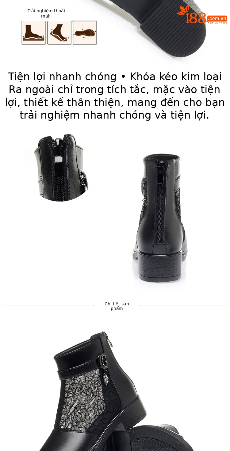 Giày sandal cao gót nữ hở mũi da thật lưới thoáng khí, gót thô ổn định, đế mềm — Đen/mũi hở chi tiết 5