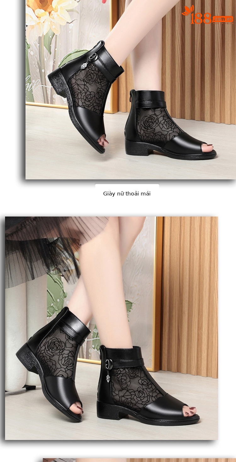 Giày sandal cao gót nữ hở mũi da thật lưới thoáng khí, gót thô ổn định, đế mềm — Đen/mũi hở chi tiết 7