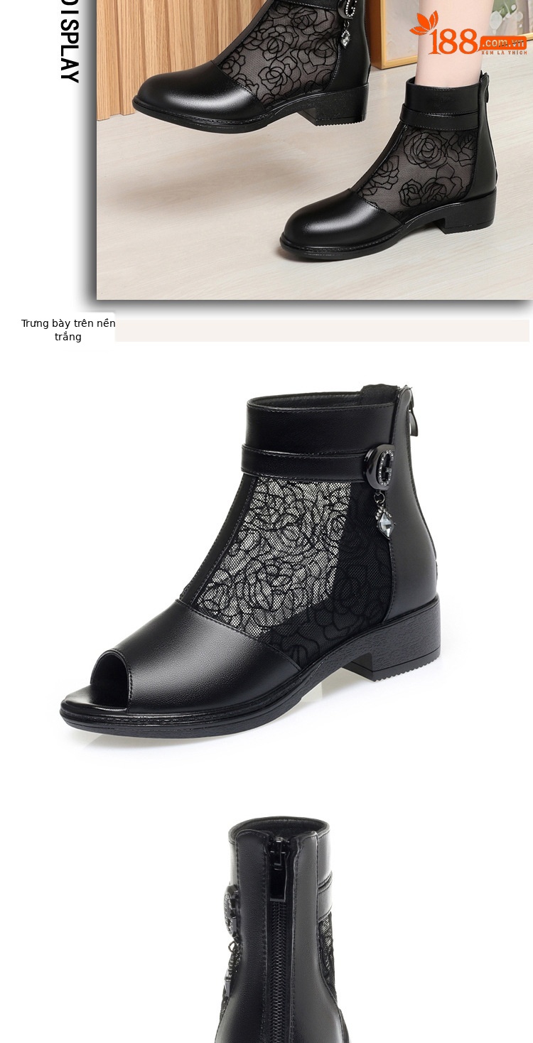 Giày sandal cao gót nữ hở mũi da thật lưới thoáng khí, gót thô ổn định, đế mềm — Đen/mũi hở chi tiết 11