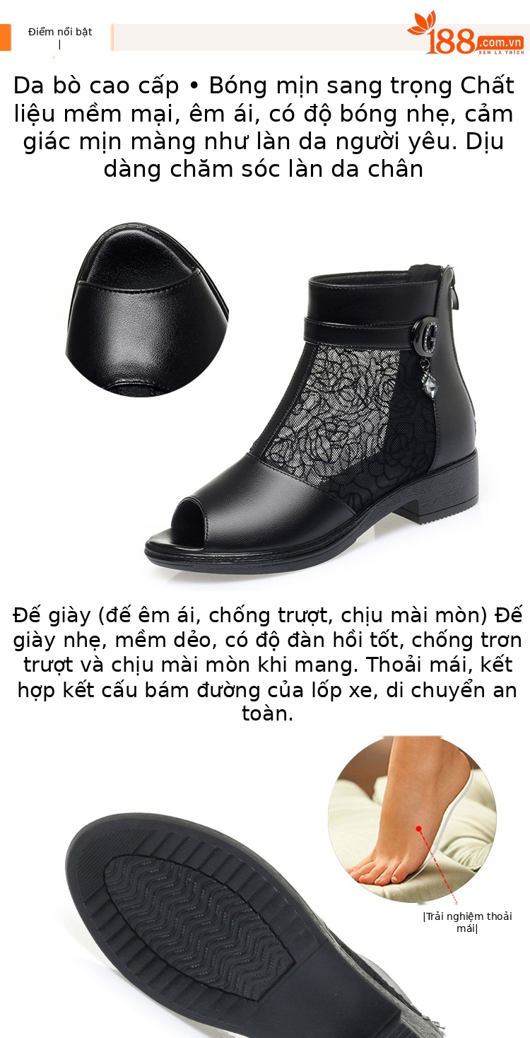 Giày sandal cao gót nữ hở mũi da thật lưới thoáng khí, gót thô ổn định, đế mềm — Đen/mũi hở chi tiết 4
