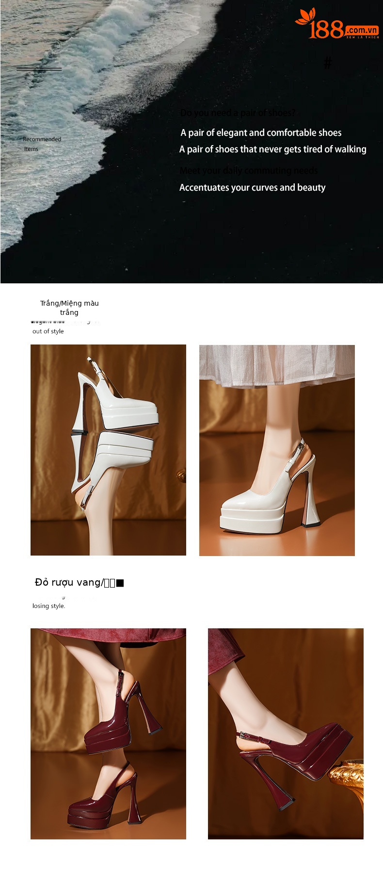 Giày cao gót nữ mũi nhọn đế xuồng platform gót 16 cm da thật quai hở gót — Rượu vang đỏ, màu trắng ngà chi tiết 1