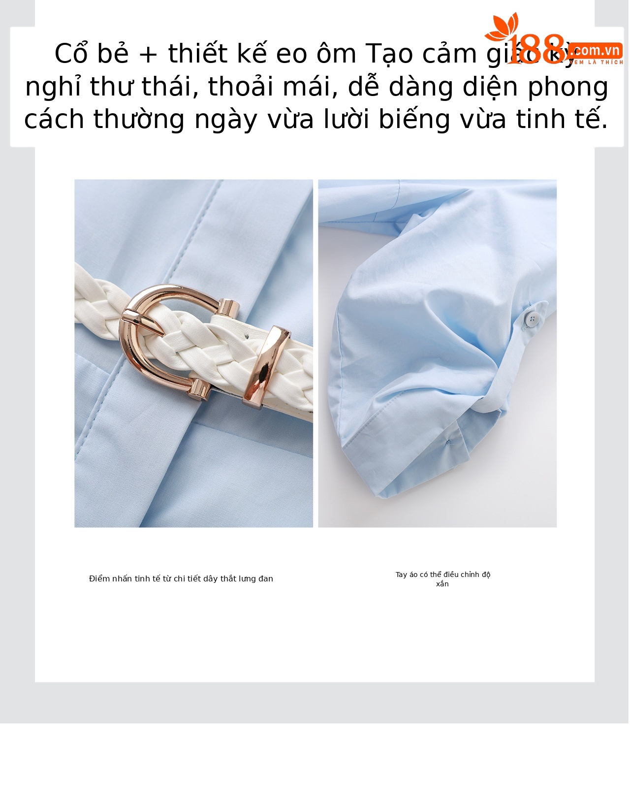 Đầm sơ mi nữ tay dài cổ ve, chất liệu tơ tằm pha cotton, dáng suông thoải mái — xanh lam chi tiết 9