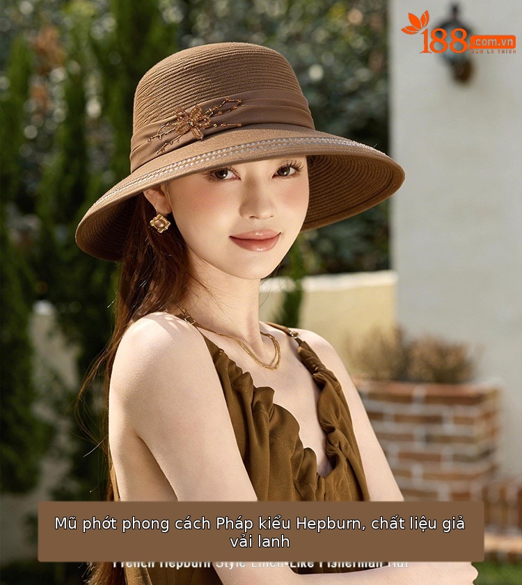 Mũ rộng vành nữ đi biển chất liệu rơm dệt chống nắng có dây ruy băng — màu be chi tiết 1