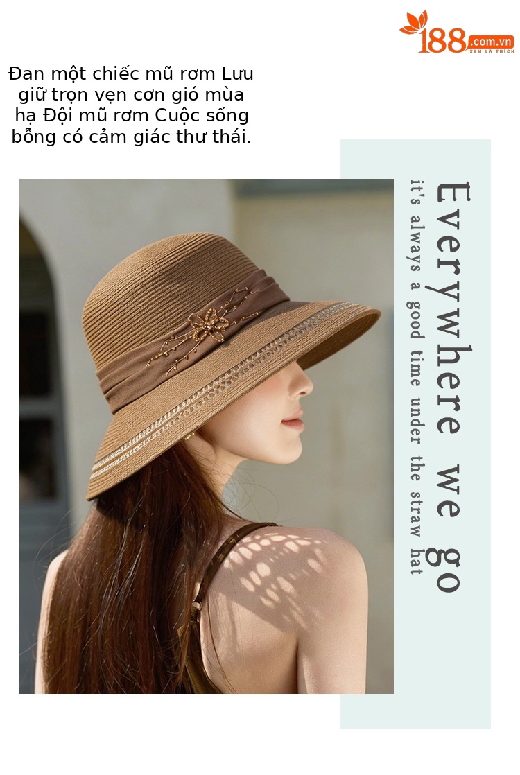 Mũ rộng vành nữ đi biển chất liệu rơm dệt chống nắng có dây ruy băng — màu be chi tiết 5