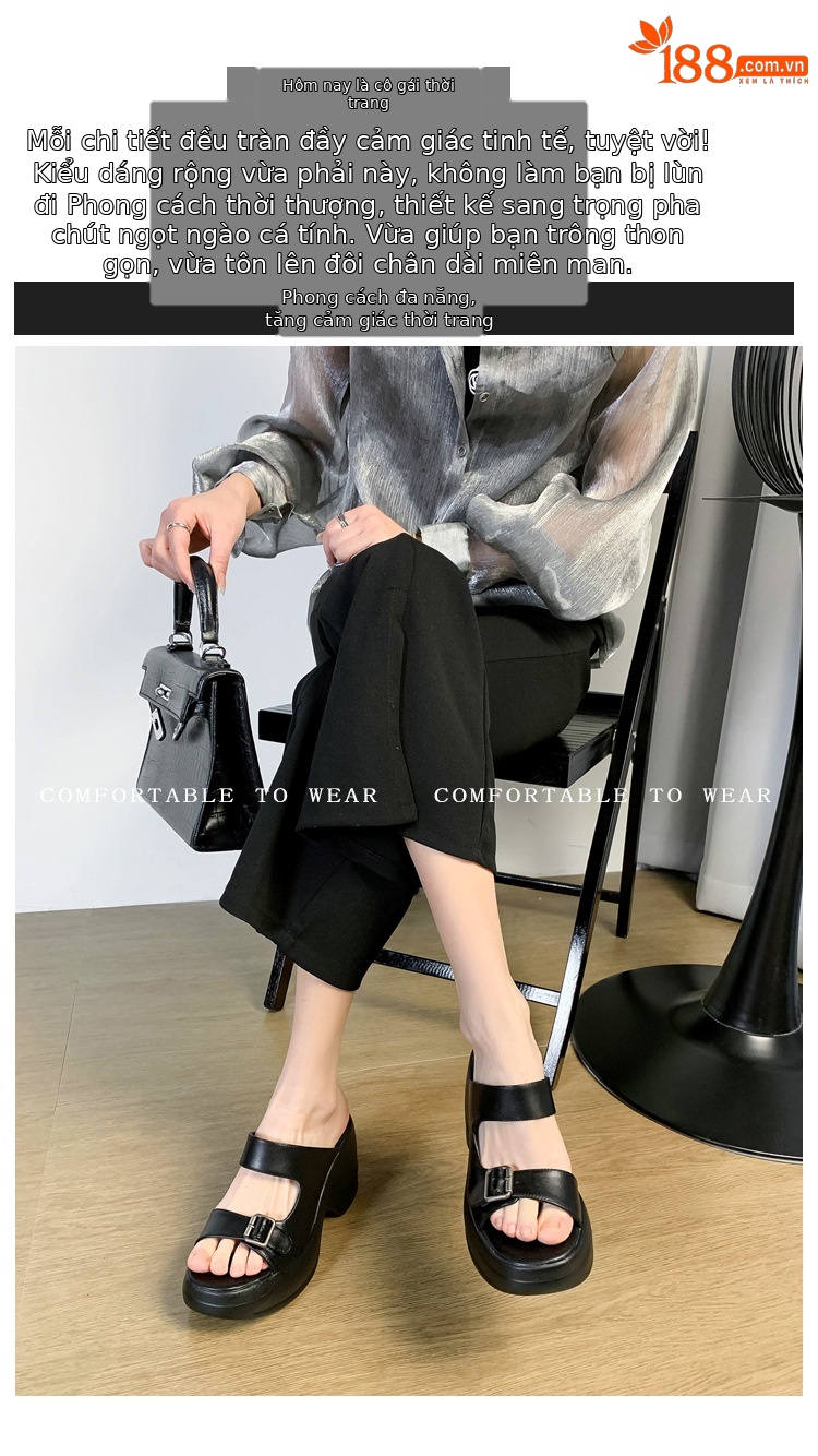 Dép sandal nữ xỏ ngón đế bệt, quai ngang hở mũi, đế dày tăng chiều cao, chống trượt, đi biển mùa hè — màu đen, màu trắng ngà, màu mơ chi tiết 1