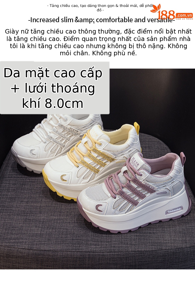 Giày sneaker nữ đế dày tăng chiều cao lưới thoáng khí mùa hè — Tím 5039, Trắng 5039, Vàng 5039 chi tiết 2