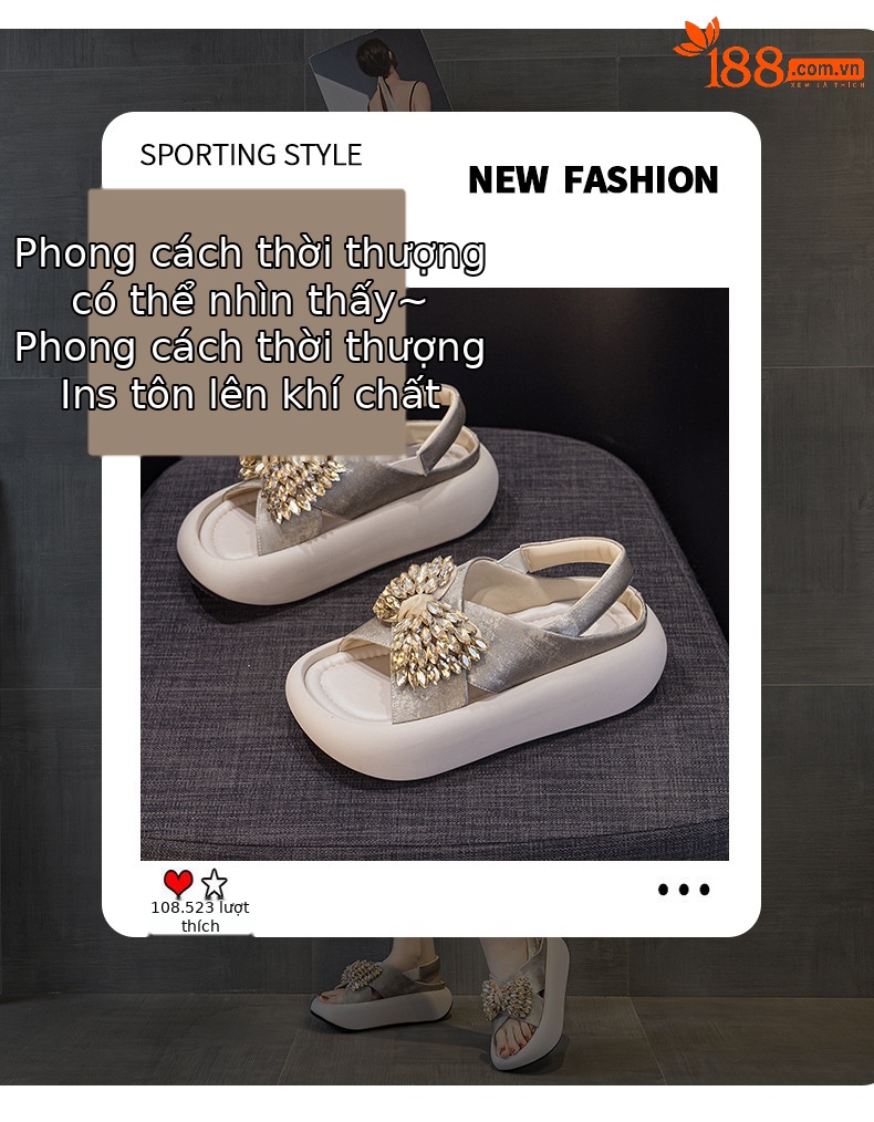Sandal nữ quai chữ V đế xuồng cao 5 cm, nơ bướm đính đá lấp lánh — Màu be 5055, Màu vàng kim 5055 chi tiết 3