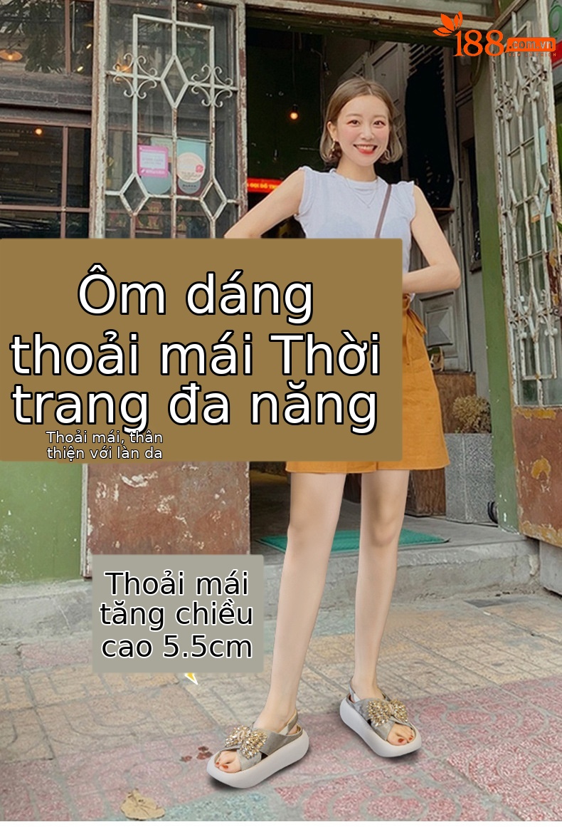 Sandal nữ quai chữ V đế xuồng cao 5 cm, nơ bướm đính đá lấp lánh — Màu be 5055, Màu vàng kim 5055 chi tiết 1