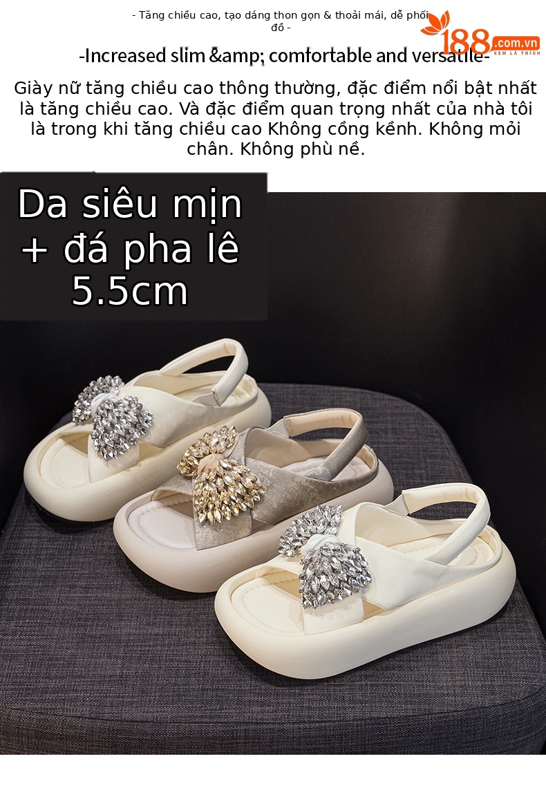 Sandal nữ quai chữ V đế xuồng cao 5 cm, nơ bướm đính đá lấp lánh — Màu be 5055, Màu vàng kim 5055 chi tiết 2
