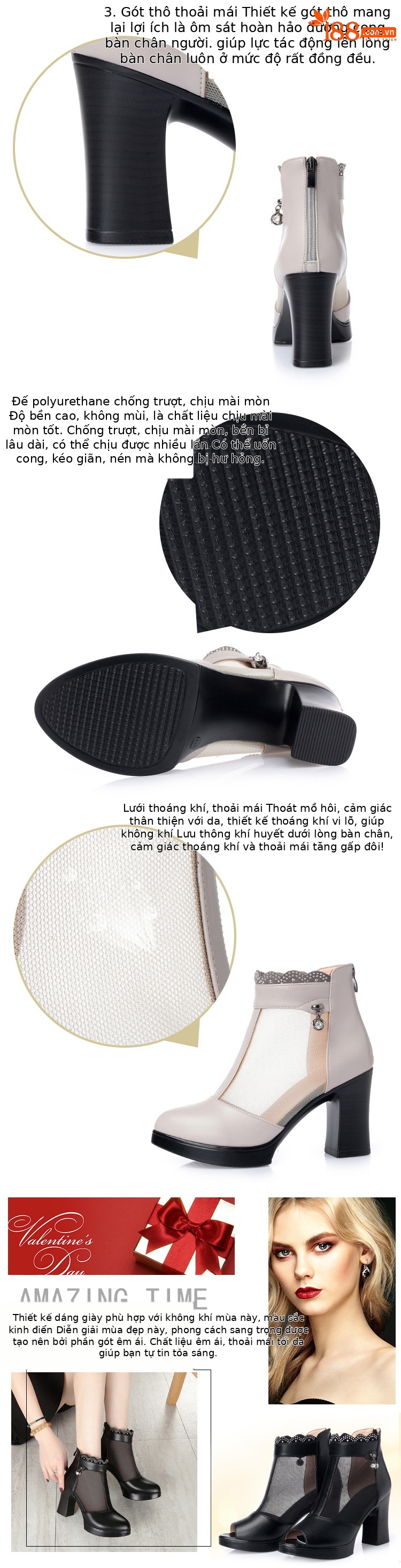 Boot nữ da thật cổ thấp gót vuông 5 cm mũi hở lưới thoáng khí — Đen/mũi hở chi tiết 5