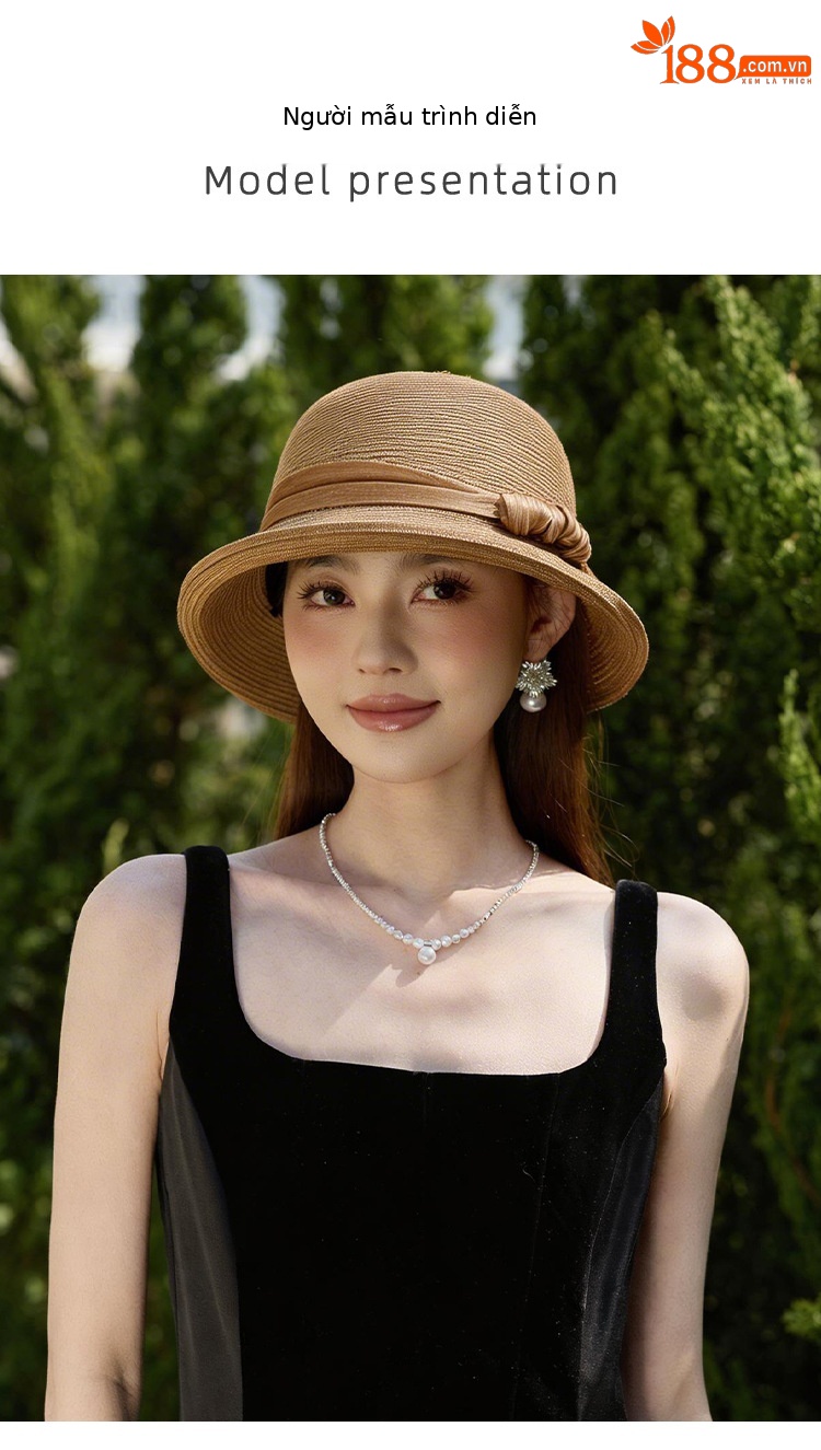 Mũ rơm vành rộng kiểu Pháp chống nắng đi biển, chất liệu rơm dệt, vành rộng che nắng, phong cách thanh lịch — màu be chi tiết 4