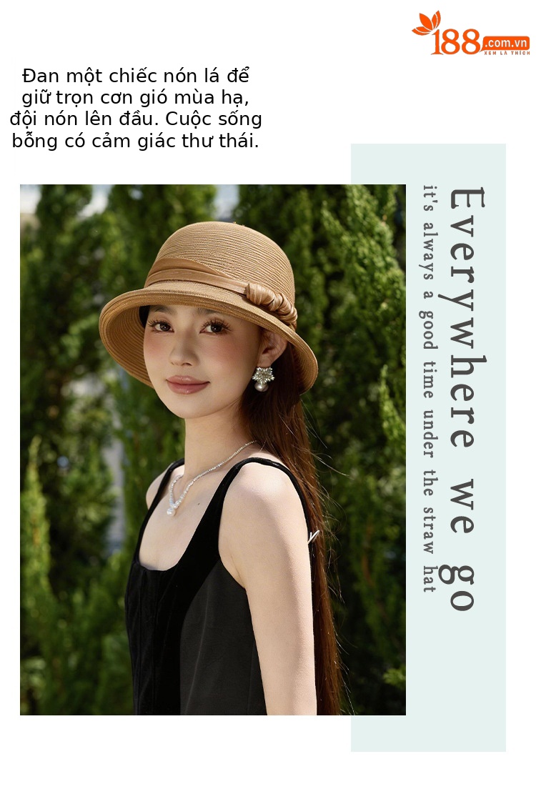 Mũ rơm vành rộng kiểu Pháp chống nắng đi biển, chất liệu rơm dệt, vành rộng che nắng, phong cách thanh lịch — màu be chi tiết 5