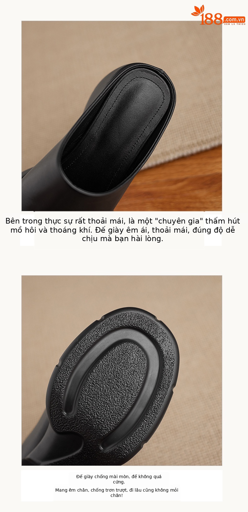 Sandal cao gót nữ hở mũi quai ngang da thật gót vuông 9 cm — màu đen, màu trắng ngà chi tiết 4