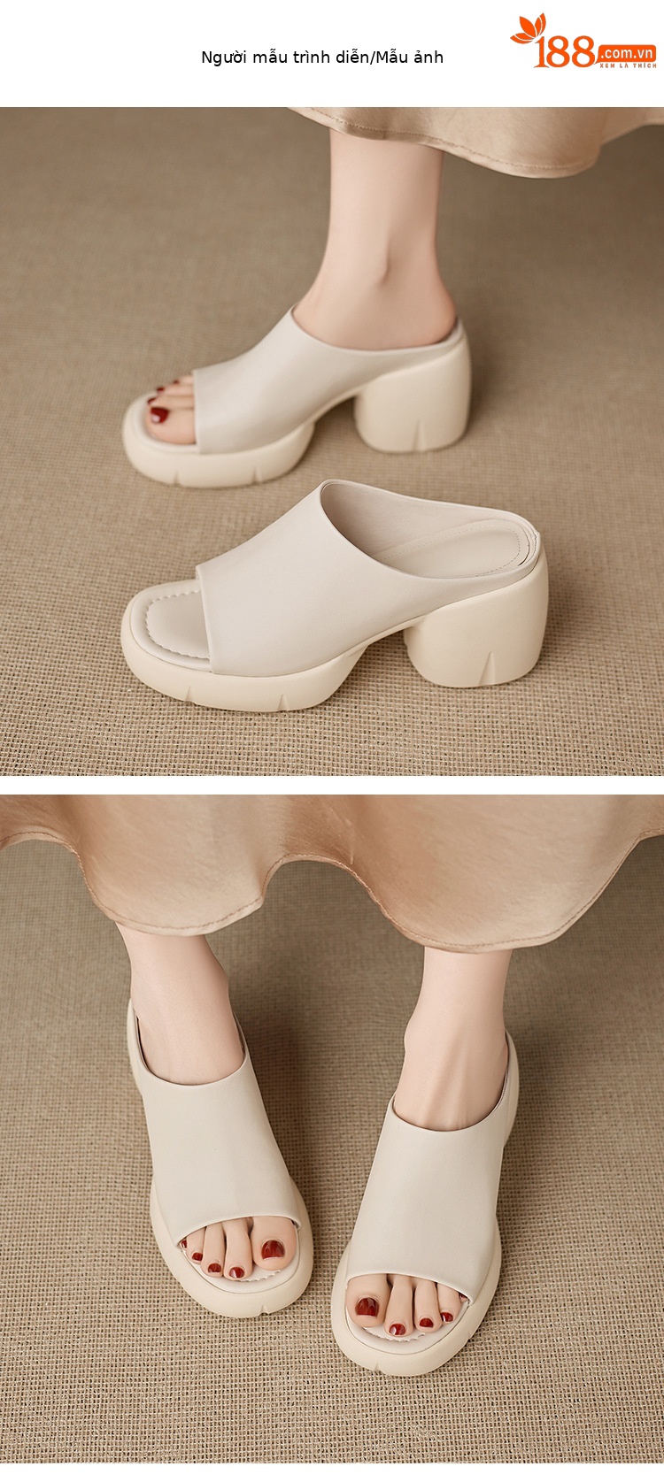 Sandal cao gót nữ hở mũi quai ngang da thật gót vuông 9 cm — màu đen, màu trắng ngà chi tiết 6