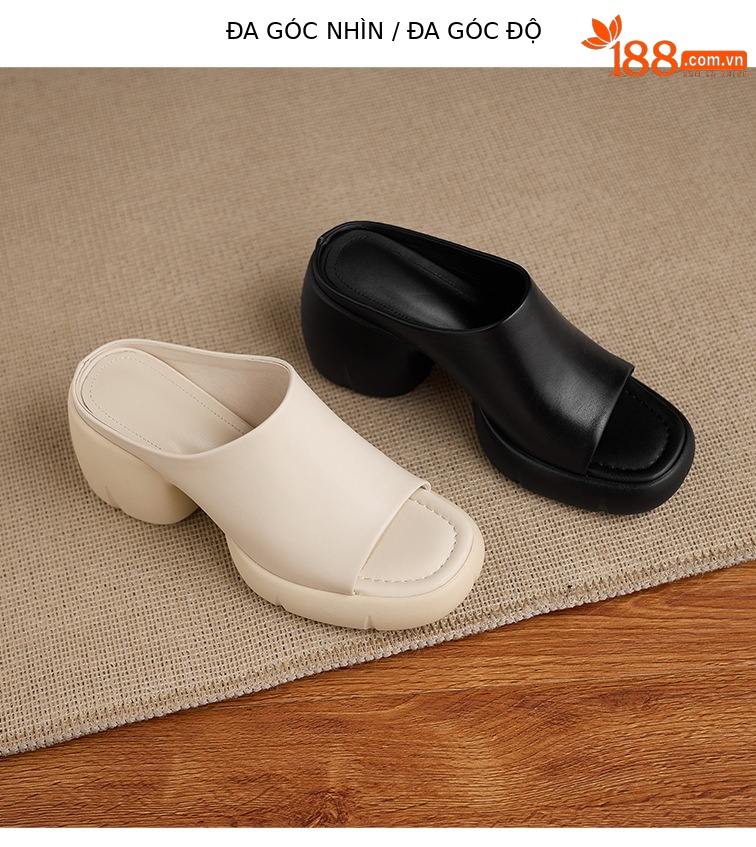 Sandal cao gót nữ hở mũi quai ngang da thật gót vuông 9 cm — màu đen, màu trắng ngà chi tiết 13