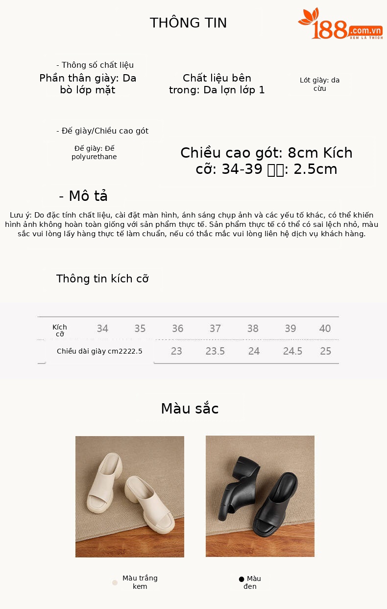 Sandal cao gót nữ hở mũi quai ngang da thật gót vuông 9 cm — màu đen, màu trắng ngà chi tiết 2