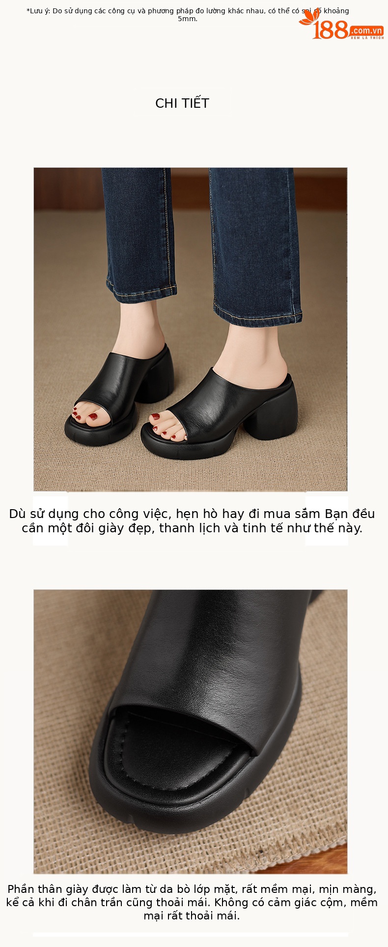 Sandal cao gót nữ hở mũi quai ngang da thật gót vuông 9 cm — màu đen, màu trắng ngà chi tiết 3