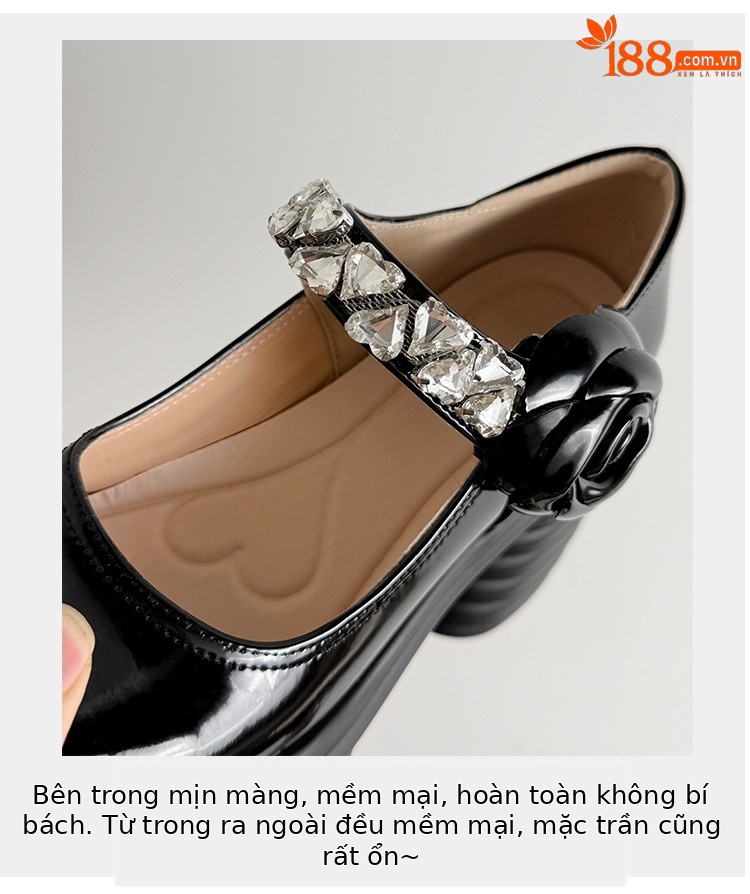 Giày sandal cao gót nữ quai ngang đế dày gót 9 cm đính hoa pha lê — màu đen, màu hồng, màu trắng ngà chi tiết 7