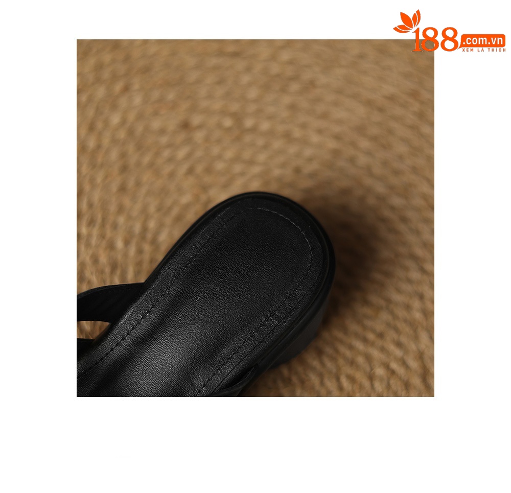 Sandal cao gót nữ mũi tròn hở ngón, da bò gót vuông 9 cm — đen chi tiết 21