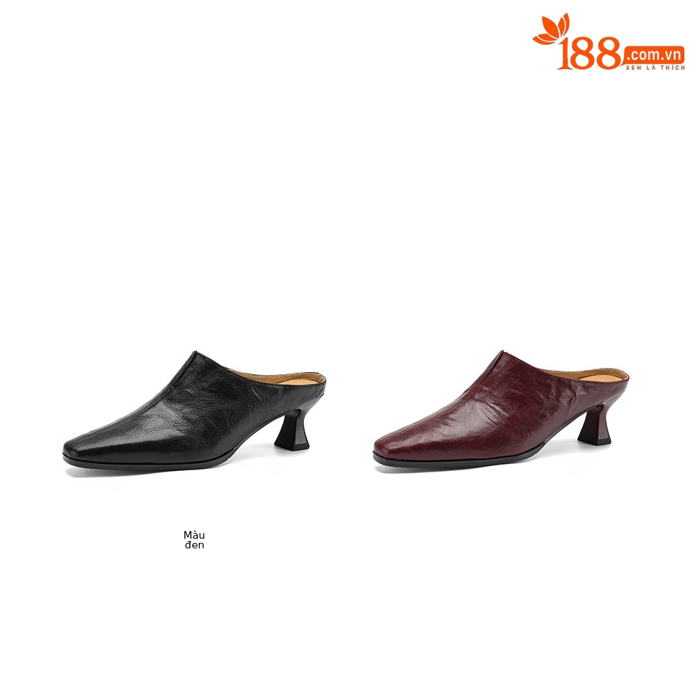 Sandal nữ bít mũi cao gót thô 5 cm, da bò mùa xuân hè — đen chi tiết 4