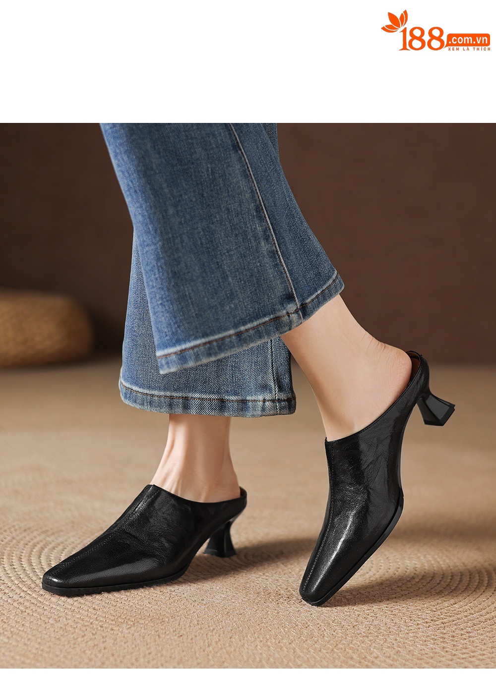 Sandal nữ bít mũi cao gót thô 5 cm, da bò mùa xuân hè — đen chi tiết 14