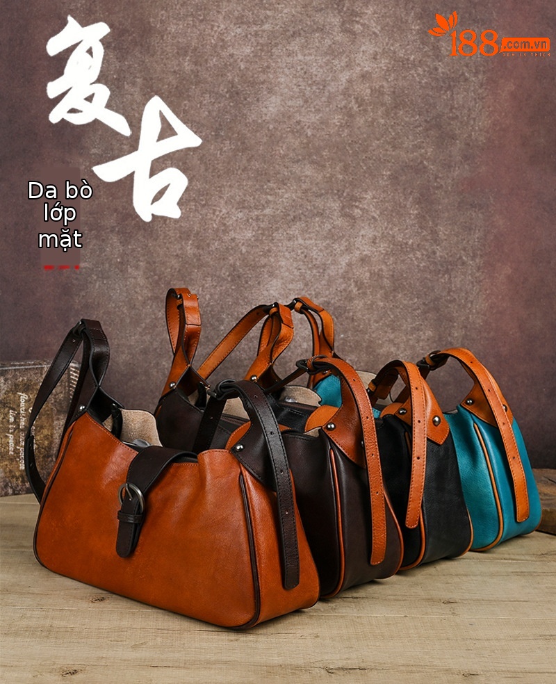Túi đeo chéo nữ da bò thật vintage, kiểu dáng ôm sát nách — Vàng cổ điển, Màu xanh cổ điển, Nâu cổ điển, Xám đen cổ điển chi tiết 1