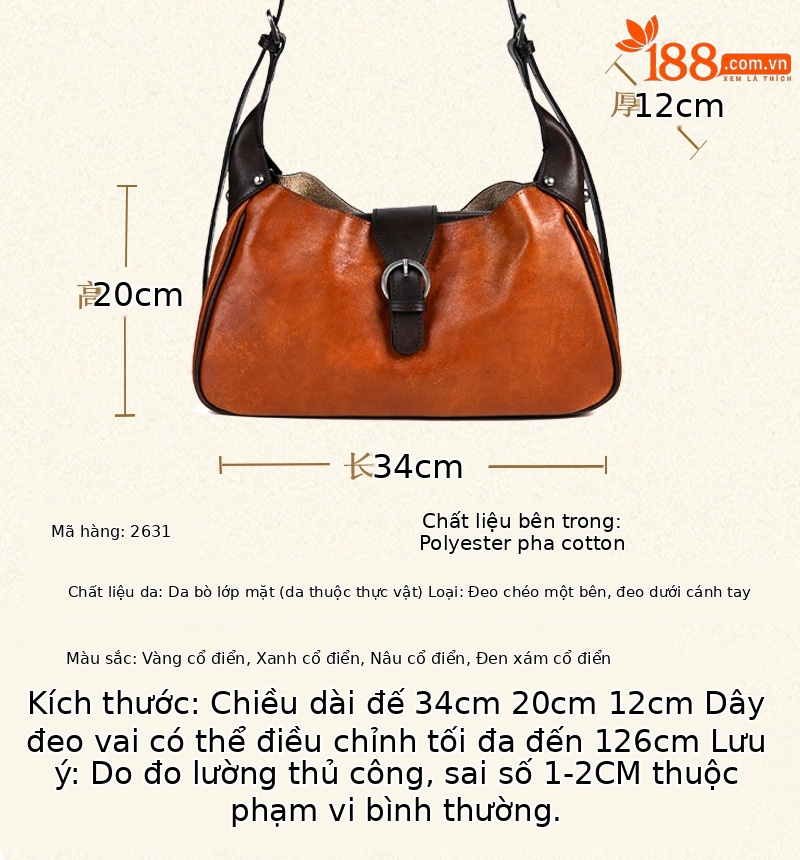 Túi đeo chéo nữ da bò thật vintage, kiểu dáng ôm sát nách — Vàng cổ điển, Màu xanh cổ điển, Nâu cổ điển, Xám đen cổ điển chi tiết 3