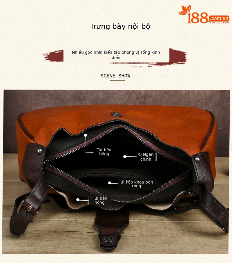 Túi đeo chéo nữ da bò thật vintage, kiểu dáng ôm sát nách — Vàng cổ điển, Màu xanh cổ điển, Nâu cổ điển, Xám đen cổ điển chi tiết 11