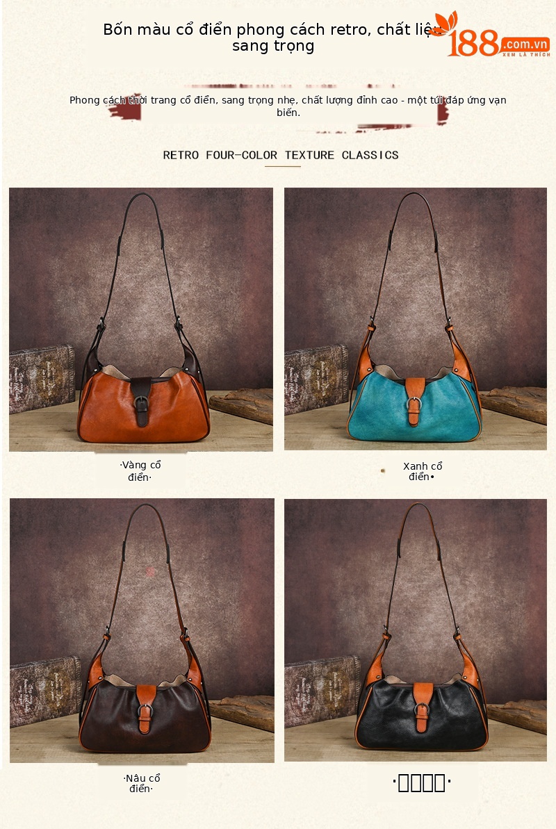 Túi đeo chéo nữ da bò thật vintage, kiểu dáng ôm sát nách — Vàng cổ điển, Màu xanh cổ điển, Nâu cổ điển, Xám đen cổ điển chi tiết 4