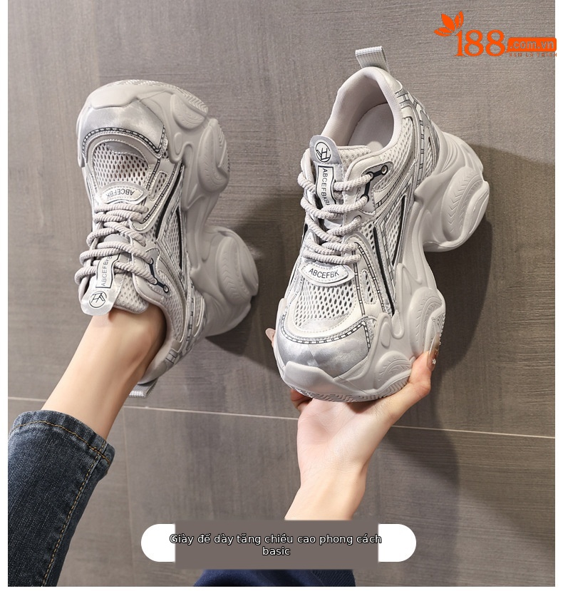 Giày sneaker nữ đế dày tăng chiều cao lưới thoáng khí phong cách thể thao — màu trắng chi tiết 1