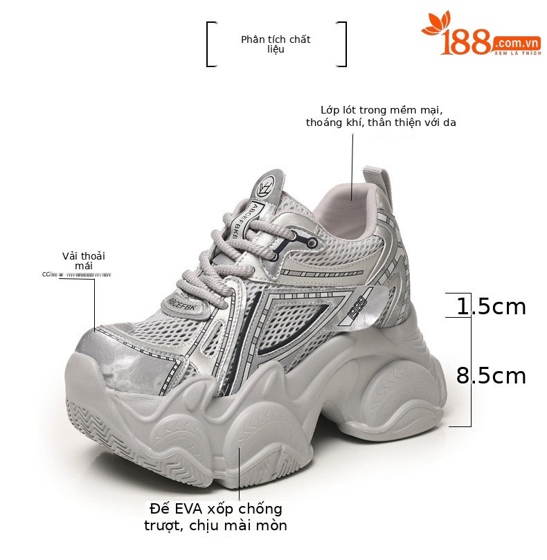 Giày sneaker nữ đế dày tăng chiều cao lưới thoáng khí phong cách thể thao — màu trắng chi tiết 3