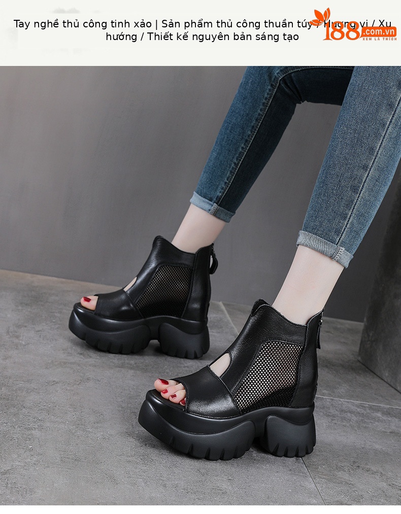 Sandal nữ hở mũi phong cách La Mã, đế xuồng cao, da thật, thoáng khí — màu đen chi tiết 1