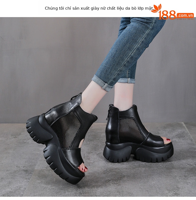 Sandal nữ hở mũi phong cách La Mã, đế xuồng cao, da thật, thoáng khí — màu đen chi tiết 2