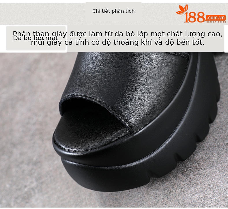 Sandal nữ hở mũi phong cách La Mã, đế xuồng cao, da thật, thoáng khí — màu đen chi tiết 4