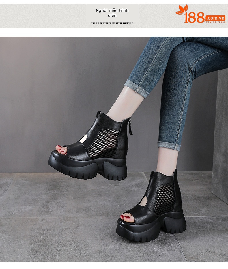 Sandal nữ hở mũi phong cách La Mã, đế xuồng cao, da thật, thoáng khí — màu đen chi tiết 8