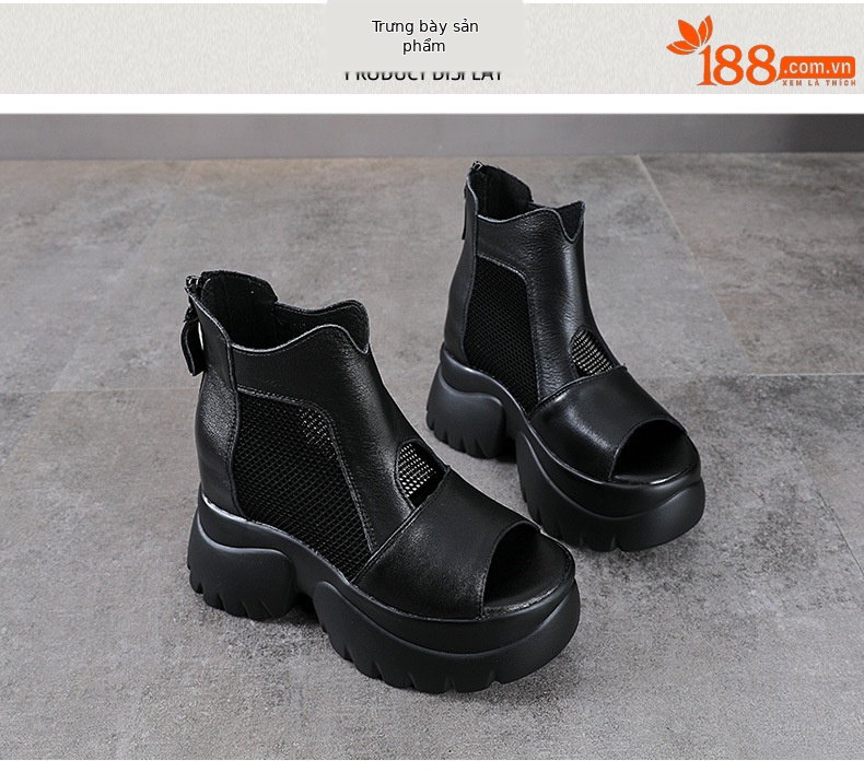 Sandal nữ hở mũi phong cách La Mã, đế xuồng cao, da thật, thoáng khí — màu đen chi tiết 9