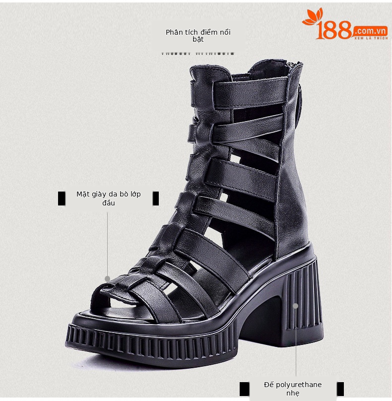 Sandal cao gót nữ da bò thật hở mũi quai ngang gót vuông 9 cm — màu đen chi tiết 3
