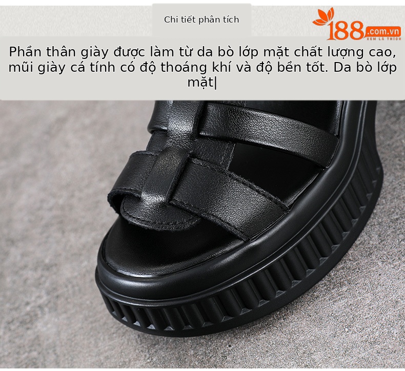 Sandal cao gót nữ da bò thật hở mũi quai ngang gót vuông 9 cm — màu đen chi tiết 4