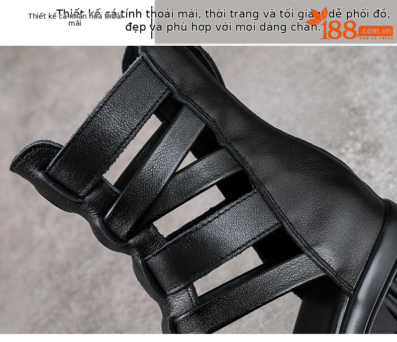 Sandal cao gót nữ da bò thật hở mũi quai ngang gót vuông 9 cm — màu đen chi tiết 5
