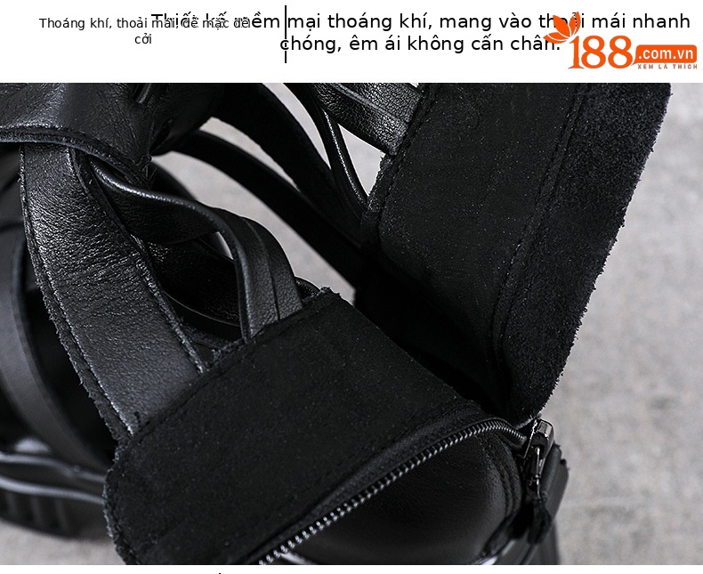 Sandal cao gót nữ da bò thật hở mũi quai ngang gót vuông 9 cm — màu đen chi tiết 6