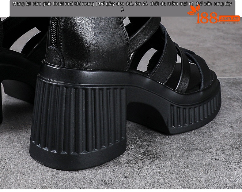 Sandal cao gót nữ da bò thật hở mũi quai ngang gót vuông 9 cm — màu đen chi tiết 8