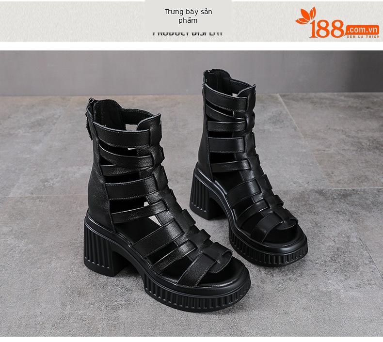 Sandal cao gót nữ da bò thật hở mũi quai ngang gót vuông 9 cm — màu đen chi tiết 10
