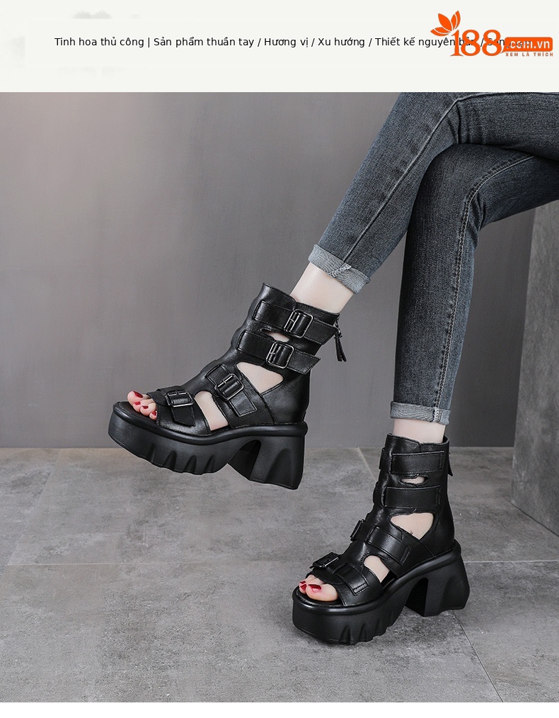 Sandal hở mũi nữ da bò cao gót 9 cm quai khóa xỏ ngón — màu đen chi tiết 1