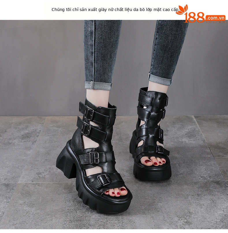 Sandal hở mũi nữ da bò cao gót 9 cm quai khóa xỏ ngón — màu đen chi tiết 2