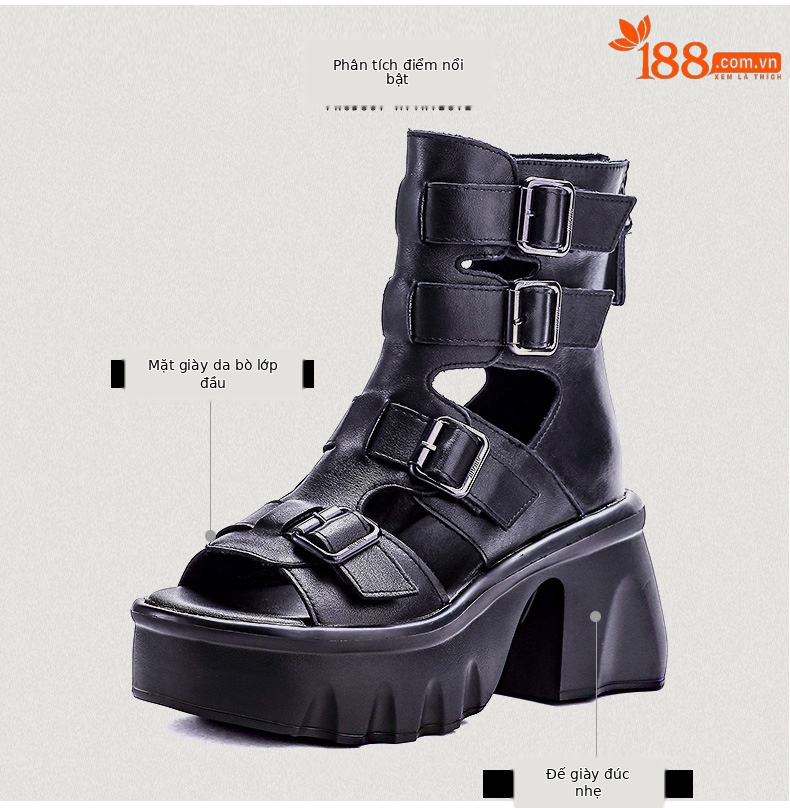 Sandal hở mũi nữ da bò cao gót 9 cm quai khóa xỏ ngón — màu đen chi tiết 3