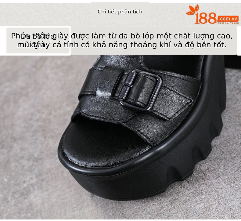 Sandal hở mũi nữ da bò cao gót 9 cm quai khóa xỏ ngón — màu đen chi tiết 4