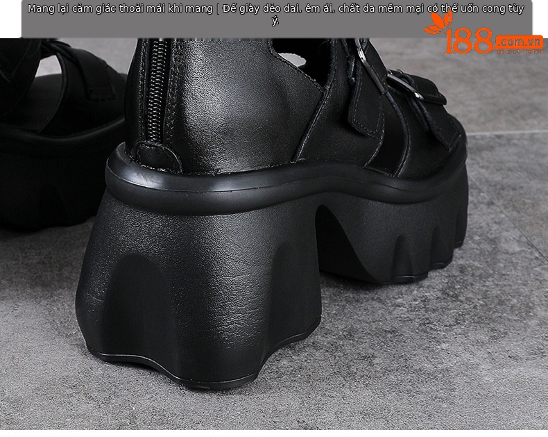 Sandal hở mũi nữ da bò cao gót 9 cm quai khóa xỏ ngón — màu đen chi tiết 8