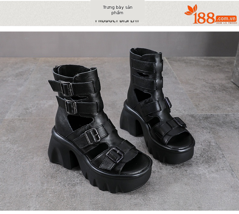 Sandal hở mũi nữ da bò cao gót 9 cm quai khóa xỏ ngón — màu đen chi tiết 10