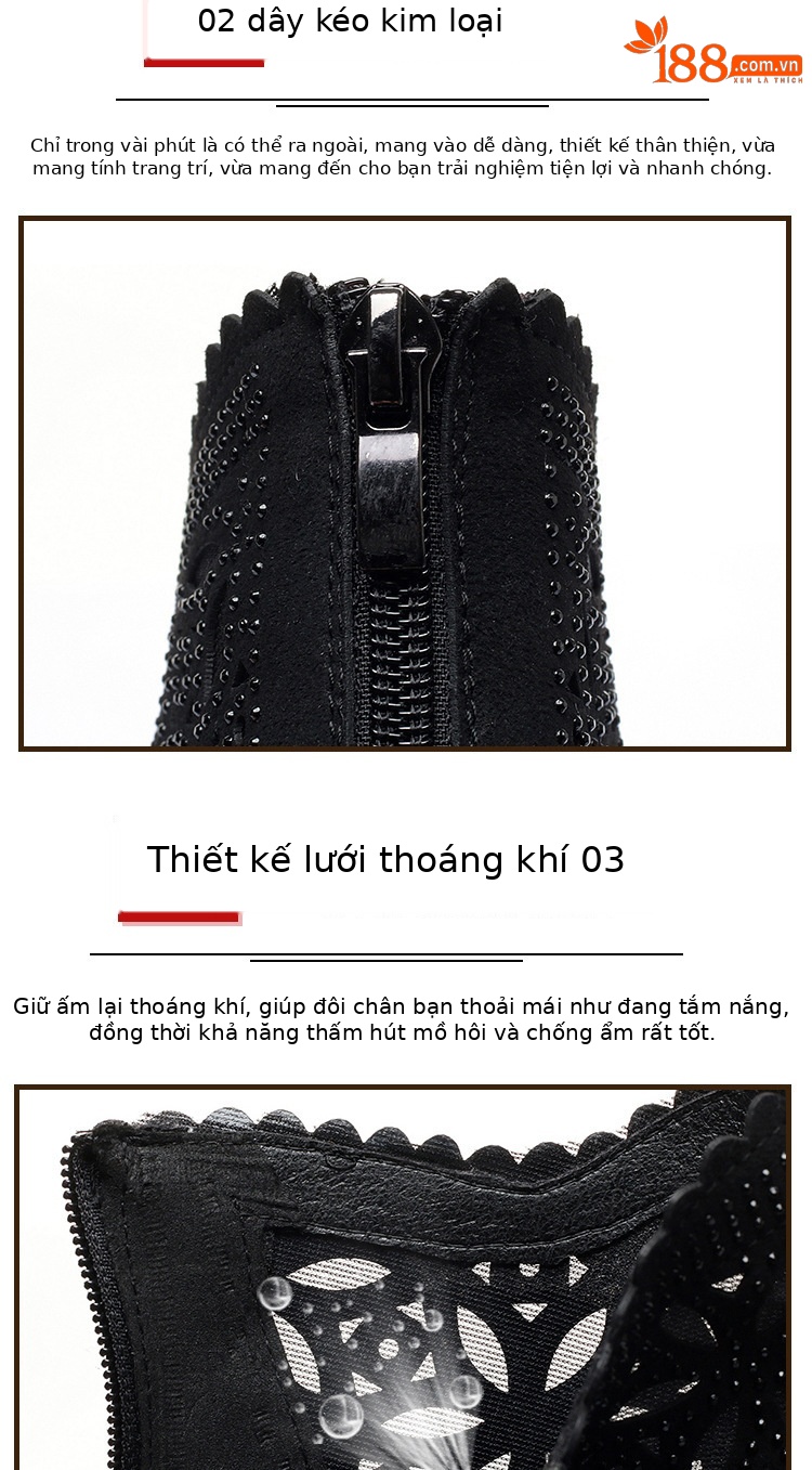 Boot nữ cổ thấp gót vuông thoáng khí da thật hở mũi lưới — màu be chi tiết 3